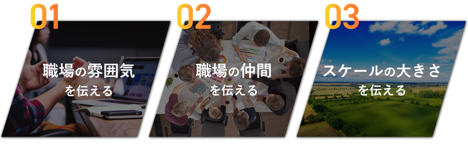 01:職場の雰囲気を伝える 02:職場の仲間を伝える 03:スケールの大きさを伝える